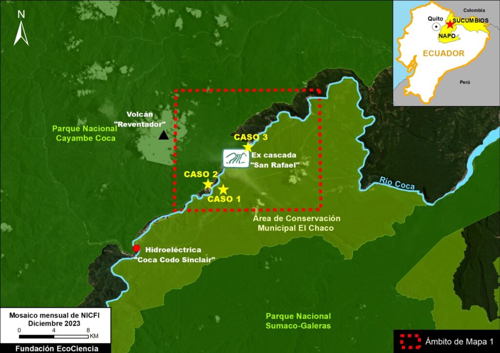 Mapa Base. Área de monitoreo satelital de la erosión regresiva a lo largo del río Coca en el noreste de Ecuador. Datos: Ecociencia