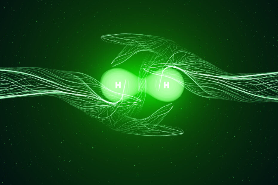 Concept of green hydrogen energy, Molecule of H2 in hands shine on a backdrop with stars.
